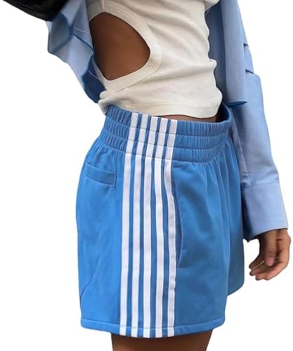 ABINGOO Women Athletic Sweat Shorts Side-Striped Y2k Summer Elastic Waist Workout Loose Wide Leg Lounge Shorts with Pockets(Blue,L)