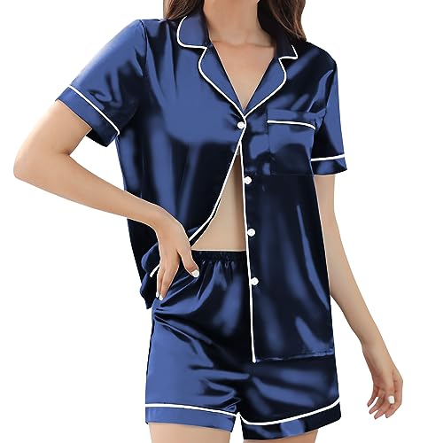 Image of Silk Pajamas for Women Satin Womens PJ Set 2 Piece Short Lounge Set Summer Sleepwear Notch Collar Button-Down Pjs