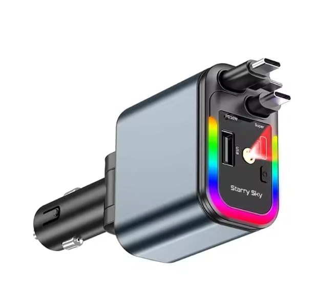 2026 New 120W Starlight Car Charger with Ambient RGB Light Type C Fast 5-in-1 Retractable Car Charger for iPhone/Android (Grey)-picture-20