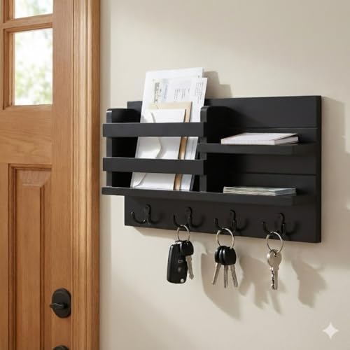 Image of Key Holder for Wall with Mail Shelf & 4 Hooks | Engineered Wood (Blackk, Elegant Mail Organizer - 35.5 x 9 x 23 cm)