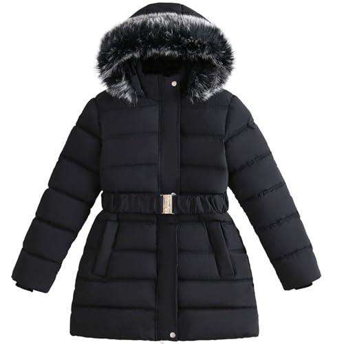 L SERVER Manteau Fille Chaude Veste en Polaire Enfant Tendance Parka Coupe-vent Hiver Blouson avec Capuche à Col en Fourrure, Noir, 10-11 ans