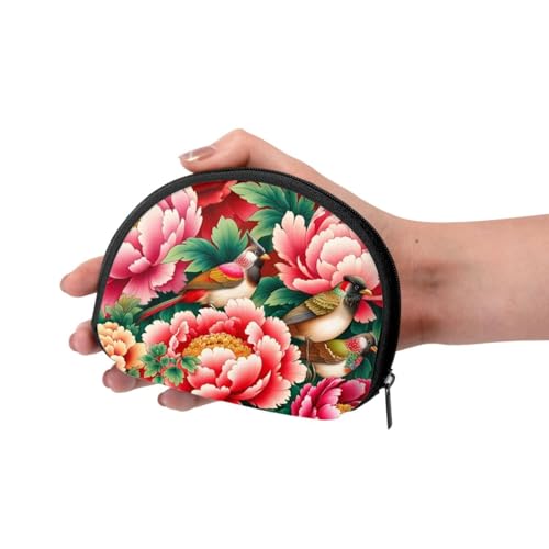 Portable Coin Purse Chinese-Bulbuls-Peonies Mini Zippered Money Pouch Card Holder3