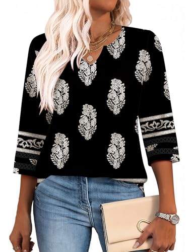LOMON Boho Tops for Women 2026 3/4 Length Sleeve V Neck T Shirts Black Shirts for Women Dressy Casual Work Top - image 2