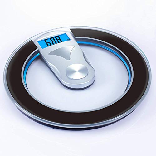 Digitale Waage, Personenwaage mit beleuchtetes LCD-Display mit gehärtetem Glas Runde Badezimmer-Skala (Color : Black)