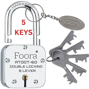 Foora Lock and Keys Door Lock for Home atoot 60mm Hardened Shackle Padlock with 5 Keys and Key Chain Double Locking 8 Lever gate, Shop Shutter (Silver Polished Finish)