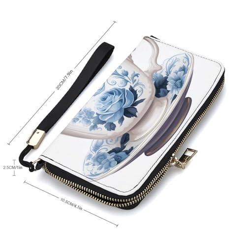 Vintage Teacup with Floral PU Leather Clutch Long Bifold Wallet, Coin Purse Credit Pass Case, Durable Card-Holder Money Storage for Women Men2