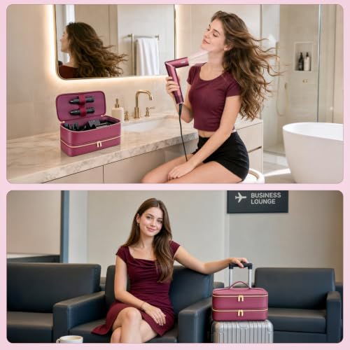 Image of Travel Hair Dryer Case for Shark Flexstyle, Double-Layer Carrying Case for Shark Flex Style Blow Dryer, Portable Hair Tools Storage Organizer Bag for FlexFusion Beauty Hairdryer Attchments (Cherry)