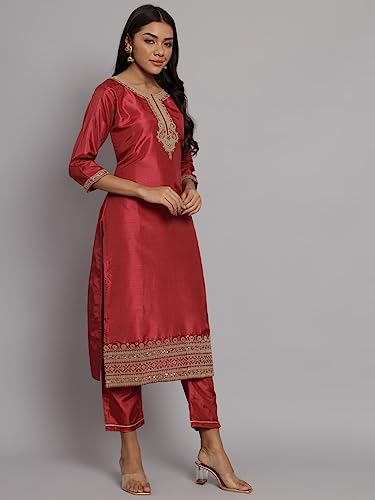 Image of VredeVogel Women's Silk Blend Embroidered Kurta with Pant & Nazneen Dupatta Set