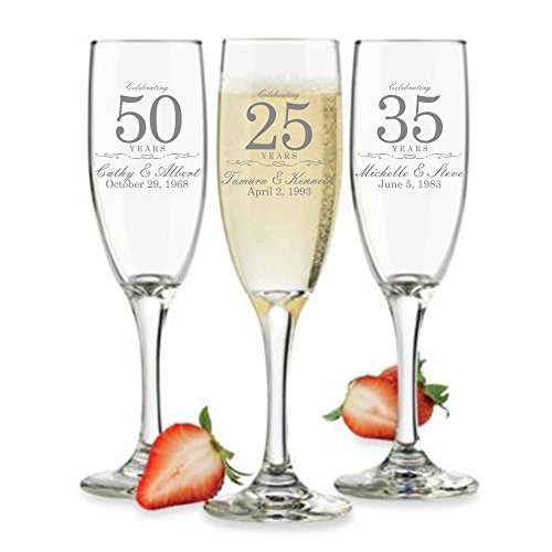Customized Anniversary Champagne Flutes or Wine Glasses - Set of 2 - Couples Name and Wedding Date – Personalized for Anniversary Celebration - Custom Engraved Champagne
