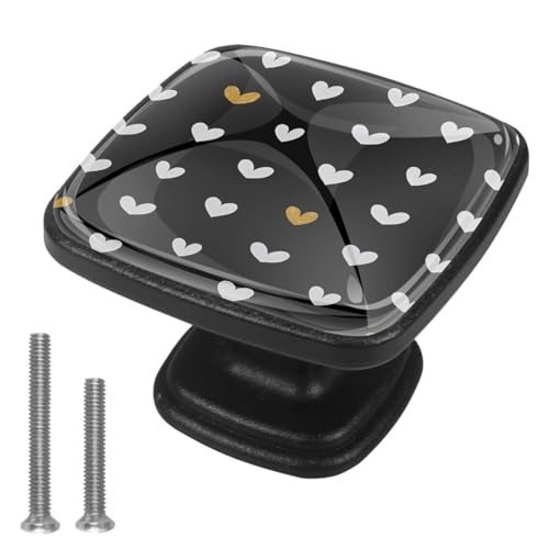 LRCCJS Black White Gold Heart Pattern 4Pcs Black Drawer Handles Clear Cabinet Handles ABS Glass Drawer Pulls with Screws Hardware for Bathroom, Kitchen and Furniture