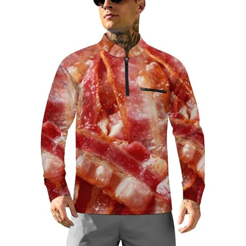 Fried Crunchy Streaky Bacon Pieces Men's Rash Guard Long Sleeves Quick Dry Fishing Workout Shirts with Zipper