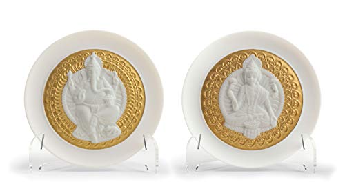 LLADRÓ Goddes Lakshmi And Lord Ganesha Decorative Plates Set. Golden Lustre. Porcelain Plates.