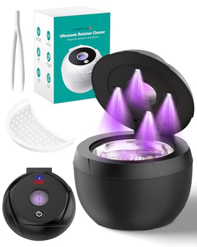 Ultrasonic Retainer Cleaner-45kHz Retainer Cleaner Machine,4 Modes Ultrasonic Cleaner for Dentures, Aligners,Mouth Guards, Braces,Toothbrush,Jewelry-200ML Dental Pod(Black)