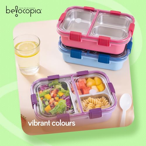 Image of Belocopia Gobblez Stainless Steel Lunch Box 525ml | Blue | SUS 304 Food Grade Steel | 3 Compartment Leakproof Tiffin Box with Spoon | Airtight Lunchbox for Office, School & Meal Prep