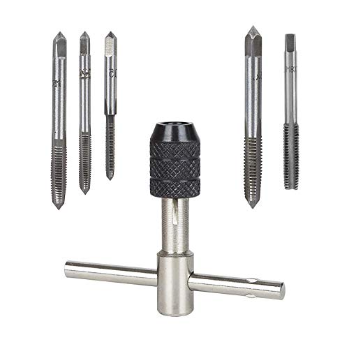 Adjustable T-Handle Ratchet Tap Holder Wrench, 5 Pcs M3-M8 Metric Thread Machine Taps Kit, Ratchet Reamer Wrench Threading Tapping Tool, M3 M4 M5 M6 M8