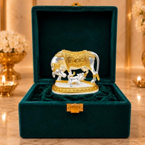 Image of Gold Art India Kamdhenu Cow with Calf Idol | 999 Silver Plated & 24KT Gold Plated | Two Tone Matte Finish | Premium Peacock Green Velvet Gift Box | Vastu Cow Statue for Home Temple & Spiritual Gifting