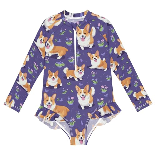 Corgi Dog and Cute Flowers Girls Long Sleeve Swimsuit Rash Guard One Piece Bathing Suits Zipper 3-12T