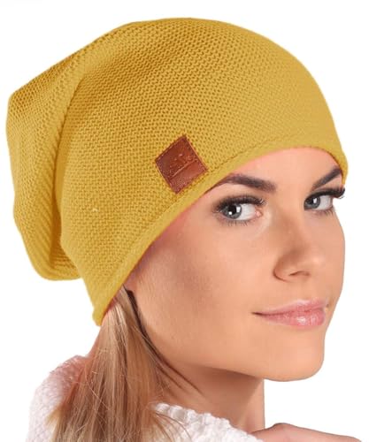 Mikos*Mütze Damen Beanie Frühling Strickmützen für Damen Chemo Damenmütze in Vielen Farben Stilvolle und Bequeme Kopfbedeckung für Sommer Long Slouch Beanie mit hohem Tragecomfort (699) (Curry)
