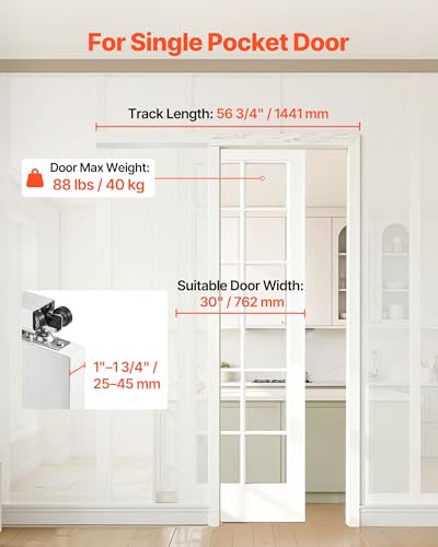 Image of VEVOR Sliding Pocket Door Hardware Track Kit, 56.73 inch Pocket Door Track Kit with Soft Close Mechanism for Smooth and Quiet Sliding, Easy to Install, for 1 inch to 1 3 /4 inch Thickness 30 inch Width Single Door