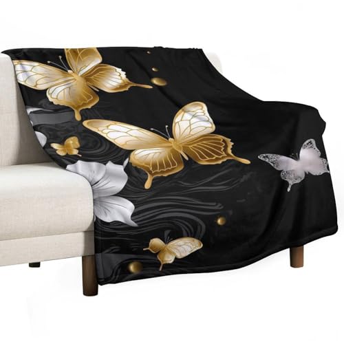 Couverture polaire douce et chaude 167x228 cm motif papillon or