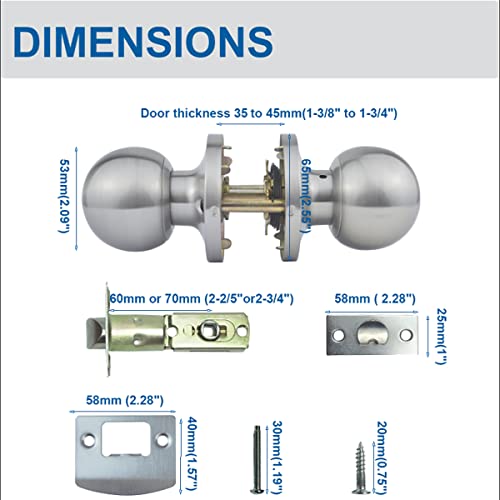 Comfhouse Round Ball Satin Nickel Passage Door Knob, Keyless Interior Door Knob In Stainless Steel For Hallway, Non-Locking Indoor Door Knob For Hallway Door Knob,1 Pack #TOP3