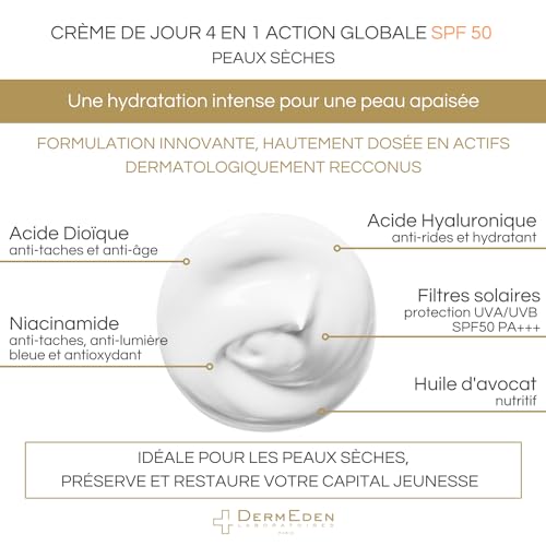 DermEden, Day cream 50 ml for dry skin SPF 50-4 actions in 1, Complete protection against the harmful effects of light - Image 2