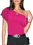 Women's Summer Hot Pink Off One Shoulder Tops Sexy Casual 2025 Trendy Ladies Cute Cut Out Open Ruffle Short Sleeve Going Out Vacation T Shirts Blouse S