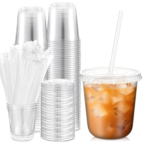 Ziliny 50 Sets Clear Plastic Cups with Lids and Straws, Disposable Iced Coffee Cups Drinking PET for Cold Drinks, Juice, Smoothie, Coffee Shops, Party, Christmas(Clear,12 oz)