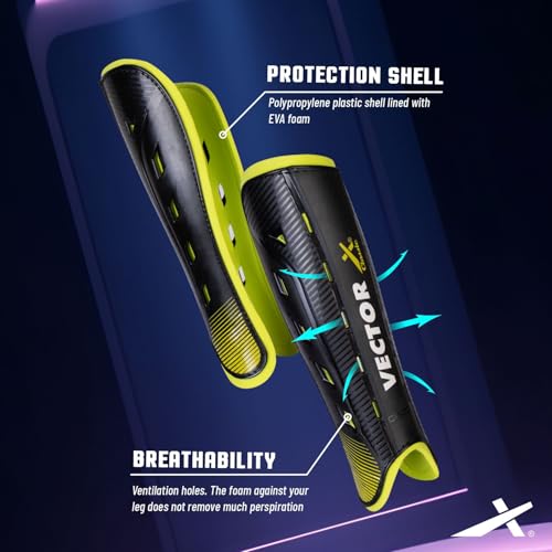 Image of Vector X Knockout Field Hockey Shin Guard with PPCP Shell | Double 360 Velcro Straps | Practice and Training | Air Mesh Cushioning | for Kids Youth Adults