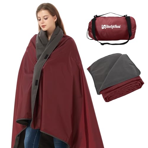 sheelokhwui 4-in-1 Large Camping Blankets - Waterproof, Windproof Fleece Outdoor Blankets for Stadium, Sports, Car, Concert - 81"x57", Portable (Antique Ruby)