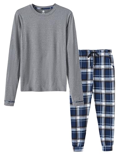 MoFiz Pijamas Niños Largo Suave Cómodo Conjunto de Pijama Dos Piezas Ropa de Dormir Manga Larga Camisetas de Pijama y Pantalón a Cuadros con Bolsillos Gris L (152-164)
