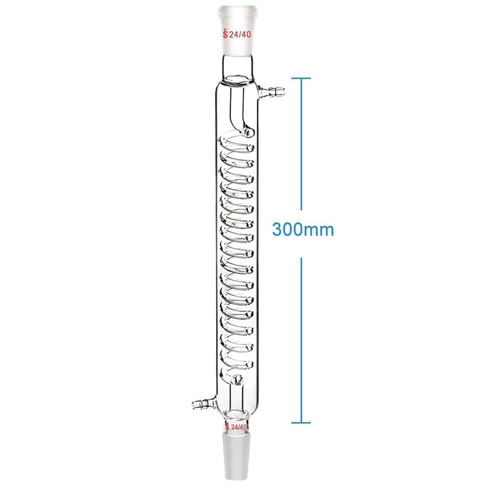 Condensatore in vetro borosilicato con raccordo 24/40, lunghezza giacca da 300 mm, tubo condensatore a serpentina, facile da installare
