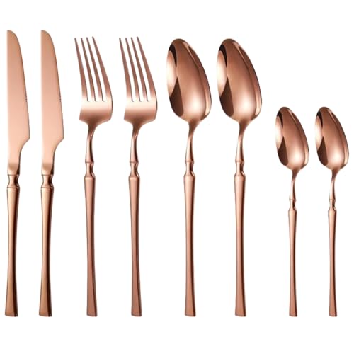 Image of aDai Rosegold Silverware Set | Satin Finish 8-Piece Korean Vintage Style Flatware Set | Dishwasher Safe Stainless Steel Cutlery for Home, Restaurant & Gifting