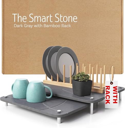 Nested Dish Drying Stone Mat with Bamboo Rack | 2 Pcs Diatomaceous Earth Stone Drying Mats for Kitchen Counter with Non-Slip Feet | Collapsible Large Drying Stone for Dishes (Dark Gray)