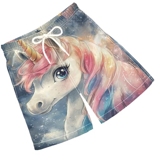 Pigsaly Boys' Swim Board Shorts Watercolor Cute Unicorn Boy's Swim Trunks Kids Swimwear M