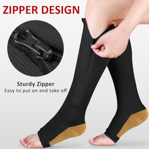 Image of Ailaka 3 Pairs Compression Socks with Zipper, 15-20 mmHg Medical Knee High Compression Socks for Men Women, Open Toe Socks for Varicose Veins, Edema, Recovery(Black Copper, 3XL)