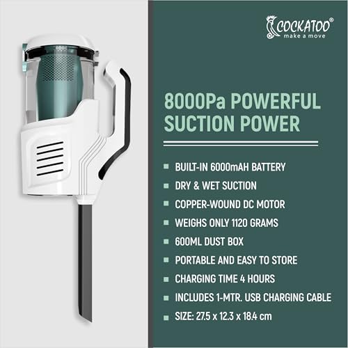 Image of Cockatoo WL-X901 Cordless Vacuum Cleaner - Powerful 11.1V 80W Suction, Dual-Layer Filters, LED Light, Compact Design for Home & Car Cleaning, 8000Pa Suction, 6000mAh Battery (White /Black)