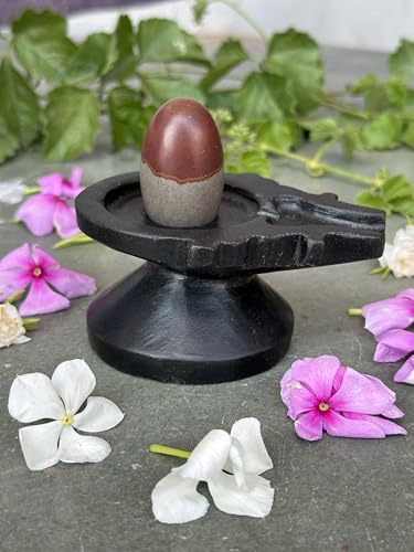 Image of Shivam VASTU AKAL 1.5 inch Original Narmadeshwar Narmada Shivling with 3 inch Narmada Stone Yoni Base Jaladhari (Mahamratunjay Shivling, Black Designer Damru Jaladhari)