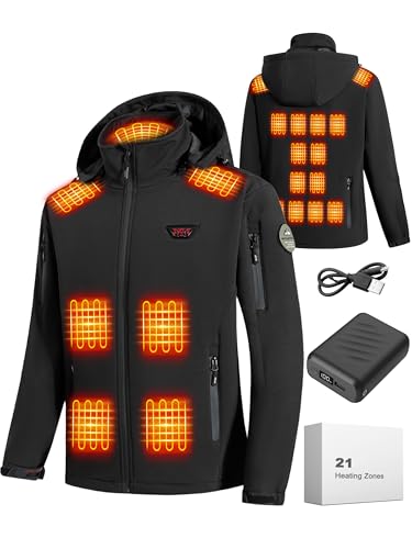 Diraeen Heated Jacket for Men 21-Zone Heating Jacket with 20000mAh Power Bank 3-Temp Control Machine Washable for Outdoor Hiking Work Black L