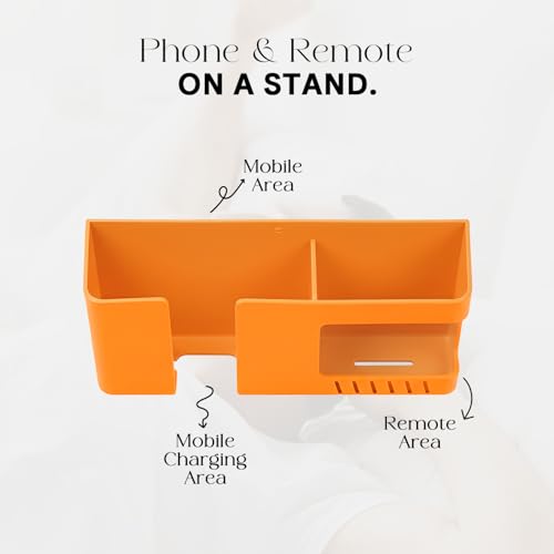 Image of Prolet Wall Mount Mobile Charging Holder with Storage Box & AC /TV Remote Organizer, Self-Adhesive Phone Plug Stand, Multipurpose Wall Shelf, Space Saving Mobile Holder for Home & Office (Orange)