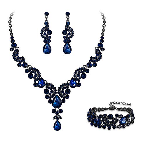 EVER FAITH Austrian Crystal Bridal Art Deco Floral Wave Teardrop Necklace Earrings Bracelet Jewelry Set for Bride Blue Black-Tone