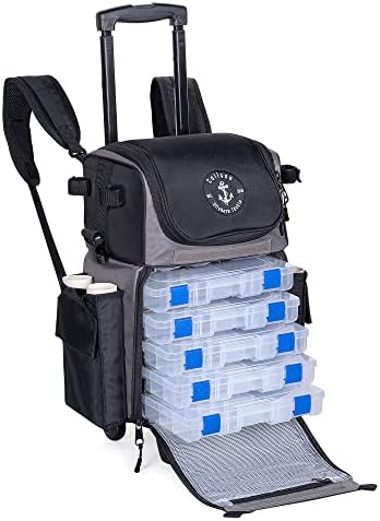 CalissaOffshore® Large Rolling Tackle Box with Wheels, Waterproof Fishing Tackle Box Backpack with Rod Holders Storage Bag Roller Fishing Tackle Box with Tackle Trays - Fisherman Gifts for Men (Black - Medium)