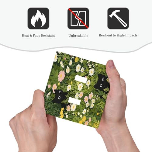 Decorative Switch Covers Plate Funny Cute Black Cat Colorful Flower Green Plant 2 Gang Wall Plate Oversized Double Toggle Light Switch Plate Wall Cover Plate Faceplate for Home Decor