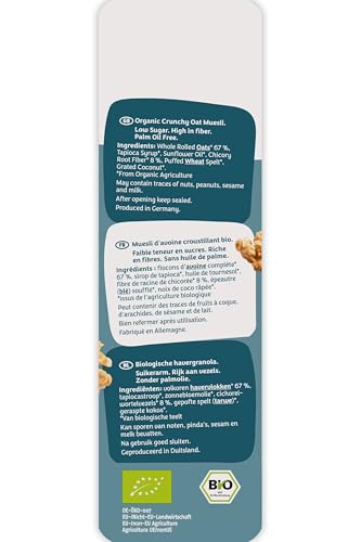 Barnhouse Krunchy Low Sugar Plain Grain, zuckerarmes Bio Hafer-Knuspermüsli aus Bayern, Basis-Sorte, 6 x 375g