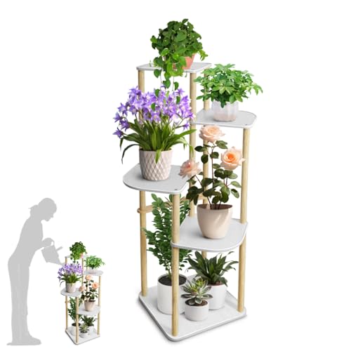 SUNDOY Plant Stand, Wooden Flower Shelf for Indoor/Outdoor, Plant Display Rack for Living Room, Bedroom, Balcony, Garden, Patio, Multi-Purpose Flower Pot Holder (5-Tier-White-Oak)
