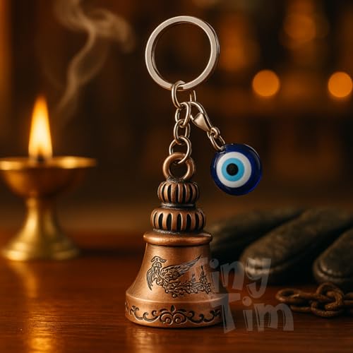 Image of Tiny Tim Guardian Bell with Evil Eye Charm - Protective Motorcycle & Car Accessory - Tibetan-Inspired Design - Wards Off Negative Energy - Ideal Gift for Bikers & Travelers