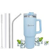 40oz Doppelwandiger Vakuumisolierter Edelstahlbecher,Thermobecher Kaffee To Go,Vakuum Isolierter Trinkbecher mit Griff und Strohhalm,Autobecher Reisebecher Für Kalte Heiße Getränke (Blau)