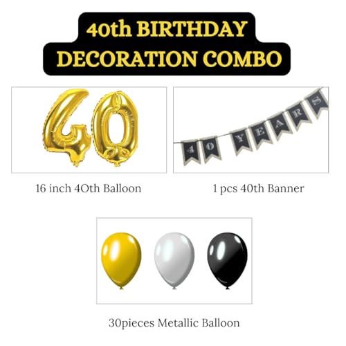 Image of WP Wanna Party Happy 40th Birthday Decorations Combo Kit - 33 pcs | Happy Birthday Decoration Kit | Men and Women |Birthday Banner | Gold, Black and Silver Balloon | 40 Numerical Gold Balloon