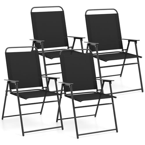 Tangkula Outdoor Folding Sling Chairs Set of 4 Space-Saving Patio Dining Chair with Armrest & Backrest Triangular Frame Footpads Outdoor Patio Chair for Balcony Garden Poolside (2 Black)