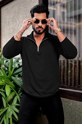 Image of KAJARU Men's Quarter Zip Pullover T-Shirt, Textured Ribbed Long Sleeve, Casual Mock Neck